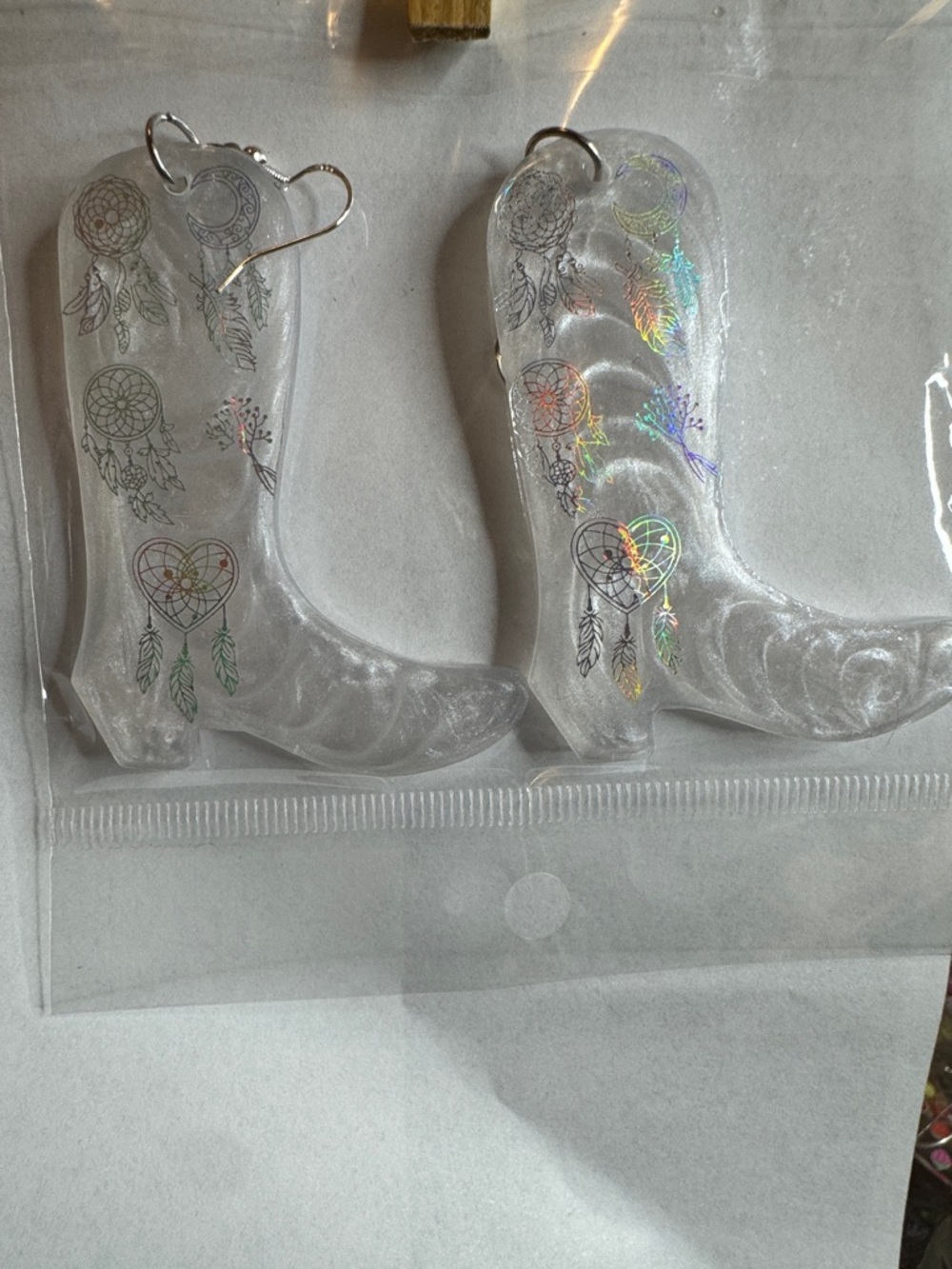 Holographic Dreamcatcher Cowboy Boot Earrings - White